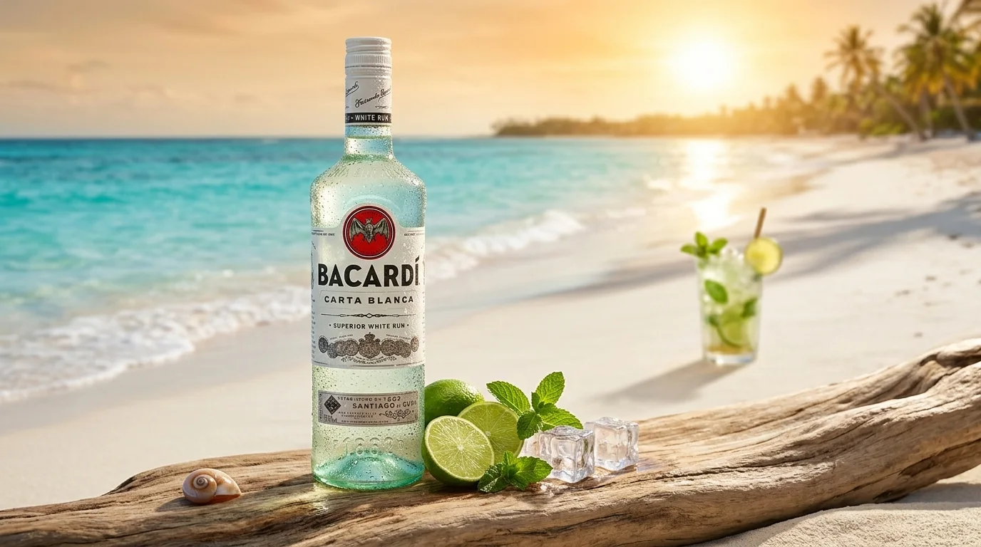 Bacardi white rum bottle CGI render on a sunlit beach