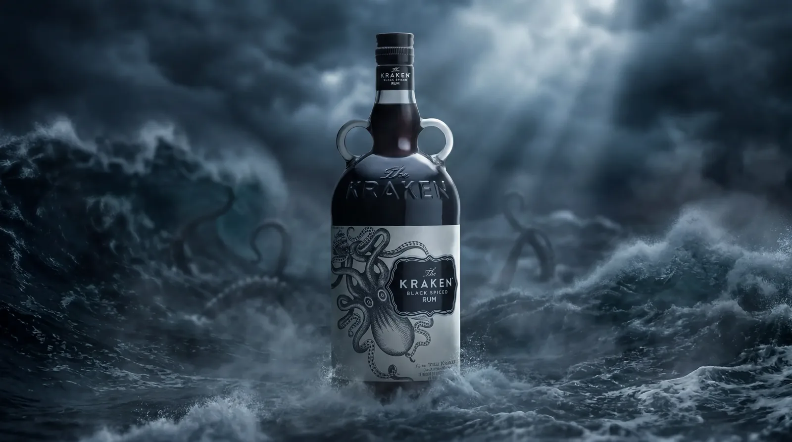Kraken Black Spiced Rum bottle in a stormy sea CGI render